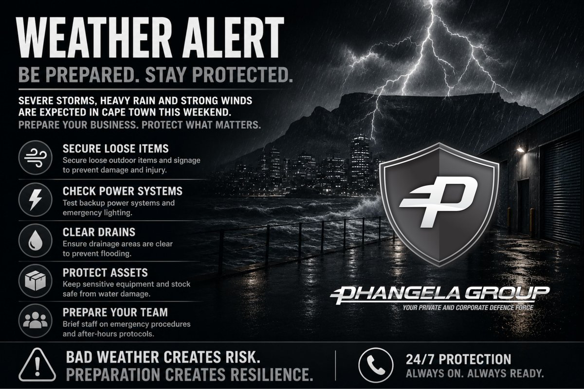 PhangelaGroup's tweet photo. WEATHER ALERT | BUSINESS PREPARATION NOTICE 
#WeatherAlert
#capetownweather
#BusinessSafety
#RiskManagement
#SecurityAwareness
#PhangelaGroup
See less https://t.co/Ahdw826yJo