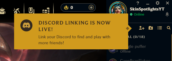SkinSpotlights's tweet photo. Discord Linking Menu, all the assets are patched in and should be enabled sometime in the next couple weeks.  Riot have stated they will be testing it out as a beta first in the US, Canada, and Brazil in the last dev blog. https://t.co/UCxHxRdknJ