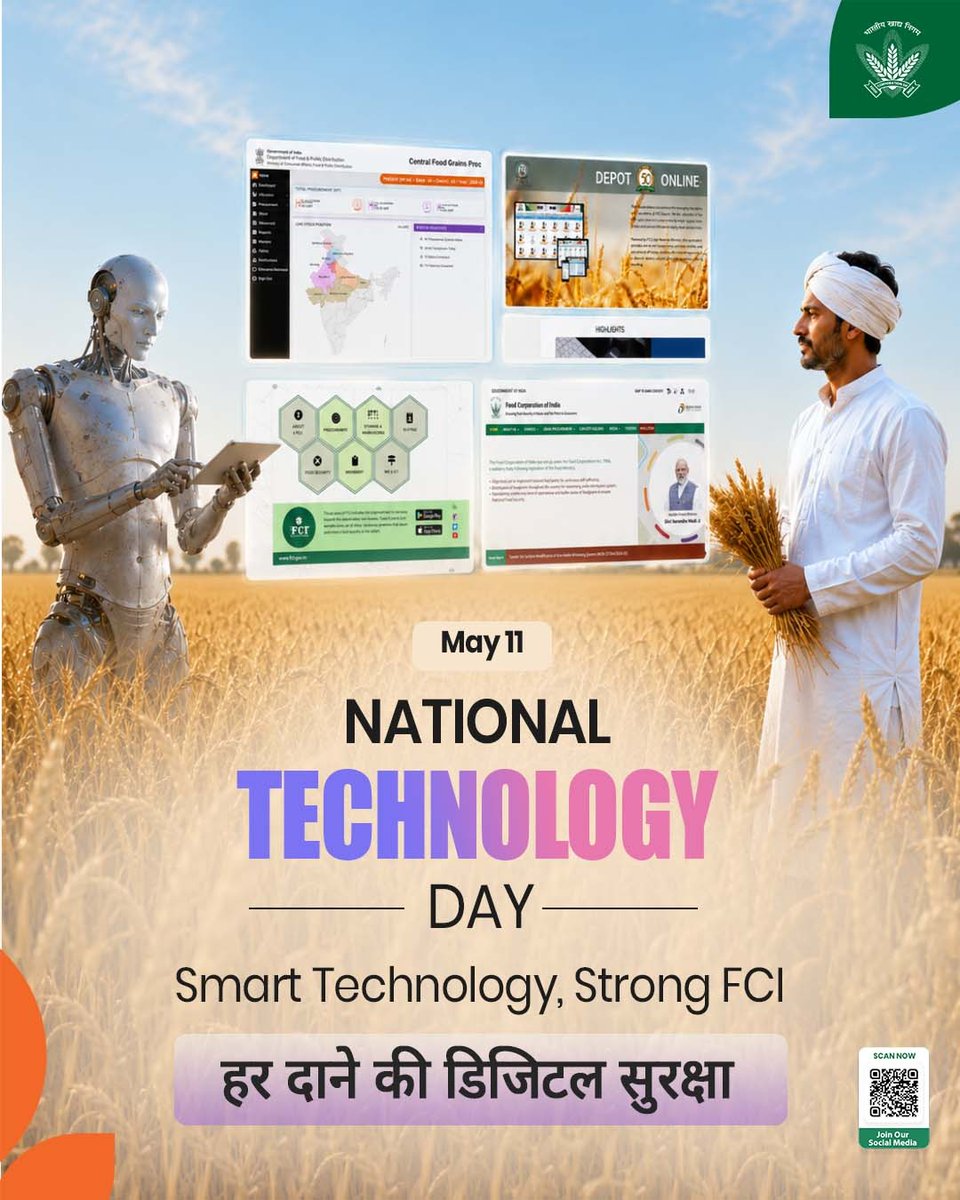 FCI_India's tweet photo. 💻On National Technology Day, FCI celebrates the growing role of technology in strengthening India’s food security network. 

From integrated digital platforms like Anna Darpan, Depot Darpan, CFPP, QMS, VLTS and depot-level monitoring systems to modern storage solutions such as modern steel silos and quality control initiatives such as AI- based Grain Analyzer (AGA), technology is supporting smarter, faster, and more efficient operations across the supply chain.

Building future-ready systems for a stronger food security framework.🌾

@mygovindia @fooddeptgoi @PIB_India @JoshiPralhad
@Nimu_Bambhaniya @blvermaup
#NationalTechnologyDay #FCI #FoodSecurity #DigitalIndia #TechDriven