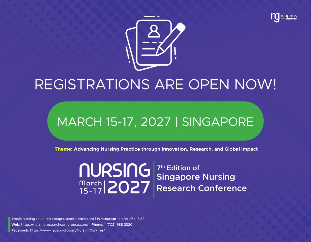NursesConf's tweet photo. 🌿Join the @NursesConf conducted by @Magnus Group 
📅 March 15–17, 2027
📍 Singapore &amp; Virtual Access
📢 Reserve your spot today!
🌐 Learn more &amp; register: https://t.co/u0ANsSLeYV
📧 nursing-research@magnusconferences.org
#NursingConferences2027 #NursingConference https://t.co/mkaNPJo4yi