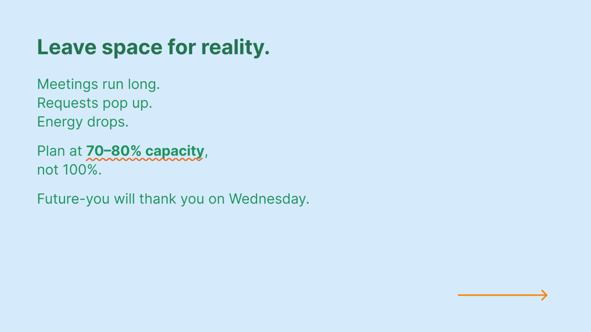 quire_io's tweet photo. Monday optimism is a liar.
Plan at 70%, not 100%. Fewer priorities. Smaller tasks. A 10-min mid-week reset.
A flexible plan beats a perfect one.
(2/2) https://t.co/gF22vF1WIR