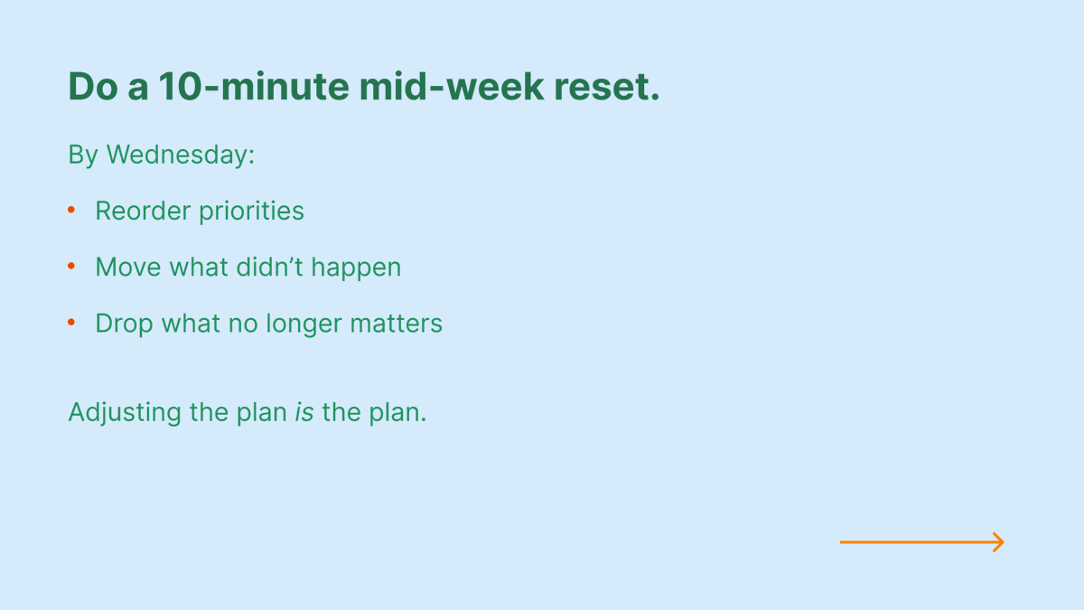 quire_io's tweet photo. Monday optimism is a liar.
Plan at 70%, not 100%. Fewer priorities. Smaller tasks. A 10-min mid-week reset.
A flexible plan beats a perfect one.
(2/2) https://t.co/gF22vF1WIR