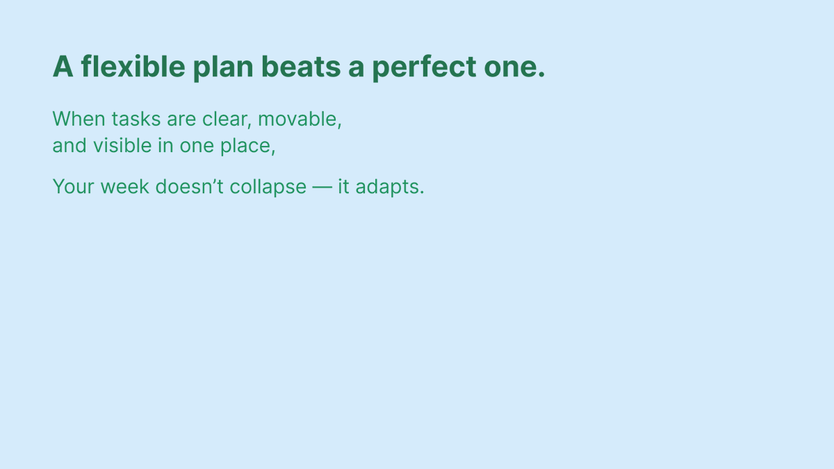 quire_io's tweet photo. Monday optimism is a liar.
Plan at 70%, not 100%. Fewer priorities. Smaller tasks. A 10-min mid-week reset.
A flexible plan beats a perfect one.
(2/2) https://t.co/gF22vF1WIR
