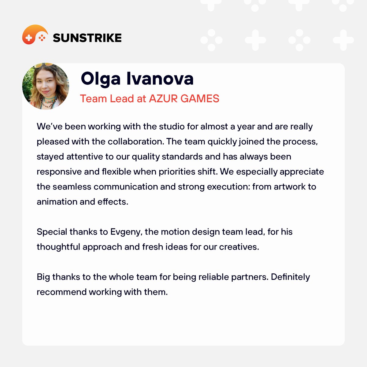 SunStrikeStudio's tweet photo. We are delighted to share feedback from Olga Ivanova, the Team Lead at AZUR GAMES, regarding our partnership in art development.
🔗 Learn more about our services: https://t.co/BXDTy5cK0U
#GameDev #ArtDevelopment #ArtOutsourcing #SunstrikeStudios #AzurGames https://t.co/MT7S15GXhy