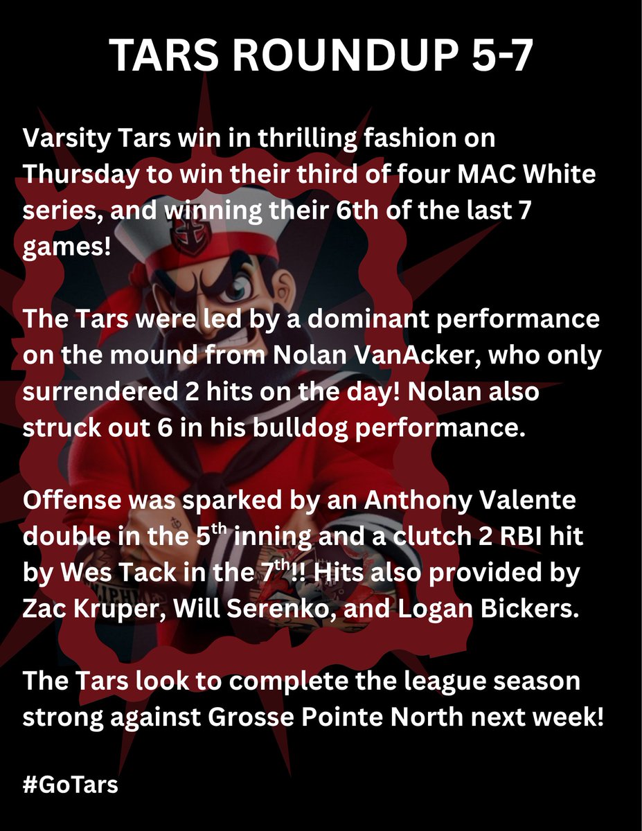 ABHSBSBL's tweet photo. Tars are able to GET IT DONE on Thursday!! Both Varsity and JVA Tars earned the series wins over Utica!!
HUGE series against GPN next week for our final MAC White League series! #GoTars https://t.co/LylpWOJ2nZ