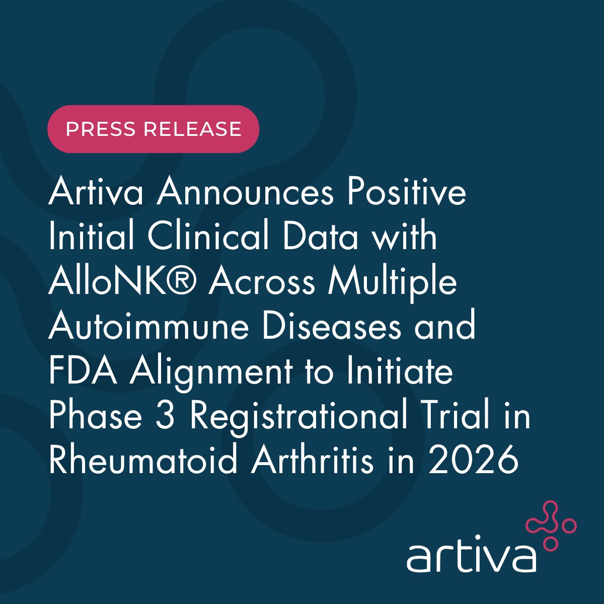ArtivaBio's tweet photo. Today, Artiva announced positive initial clinical data with AlloNK® across multiple autoimmune diseases and alignment with the FDA on plans to initiate a Phase 3 registrational trial in refractory rheumatoid arthritis (RA) in 2026.

These initial data support AlloNK’s potential to deliver meaningful clinical benefit for patients with refractory RA while maintaining a treatment profile that may be suitable for outpatient administration in community rheumatology settings.

The broader autoimmune clinical experience, now including more than 70 patients treated across more than 40 active clinical sites, provides an important foundation as Artiva prepares to advance AlloNK into late-stage clinical development.

Read the press release for more: https://t.co/Z8Xm8Jk7P6

$ARTV
