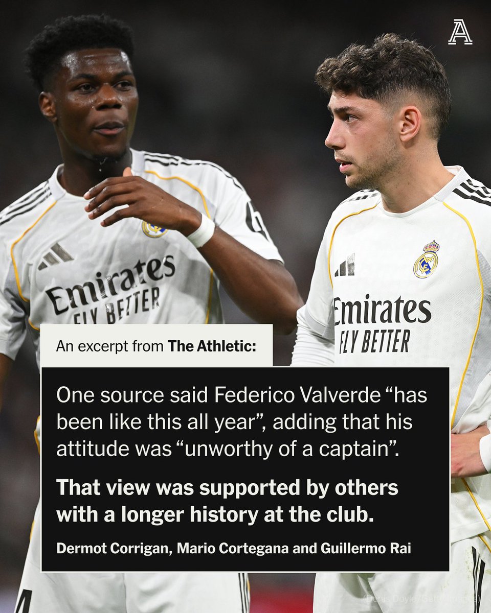 TheAthleticFC's tweet photo. This week has brought a truly unprecedented level of drama to Real Madrid, a club that is no stranger to big moments.

@MarioCortegana, @GuillermoRai_ and @dermotmcorrigan  tell the inside story of the violence and chaos that has descended behind the scenes.

▪️ Full details of Aurelien Tchouameni and Federico Valverde’s dressing room fight
▪️ Bleeding Valverde knocked unconscious
▪️ A wider picture of the discord that runs deep
▪️ Barcelona’s mocking response in the build-up to El Clasico

🔗 https://t.co/SlOlwUyIVr