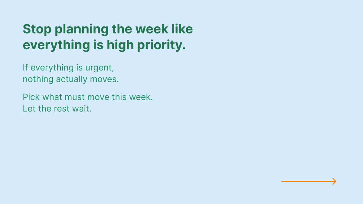 quire_io's tweet photo. Monday optimism is a liar.
Plan at 70%, not 100%. Fewer priorities. Smaller tasks. A 10-min mid-week reset.
A flexible plan beats a perfect one.
(1/2) https://t.co/1KaA0S7wtm