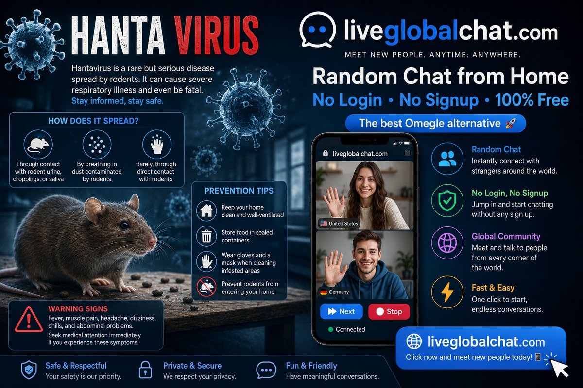 LiveGlobalChat's tweet photo. Hantavirus cases have been reported recently—stay careful and stay informed. 🧼⚠️

While staying safe, you can still connect with people worldwide on https://t.co/Q3eygtztPd — free random chat, no login needed. 🌍💬

#Hantavirus #omegle #LiveGlobalChat #RandomChat https://t.co/XKugk4cdlk