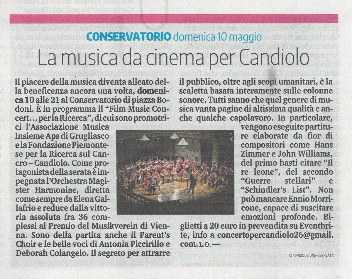 #scrivonodinoi
Ringraziamo la Redazione di La Stampa TorinoSette per la pubblicazione!

Domenica 10 maggio 2026 ore 21
Conservatorio di Torino

FILM MUSIC CONCERT... per la Ricerca
a sostegno della Fondazione Piemontese per la Ricerca sul Cancro - Candiolo
