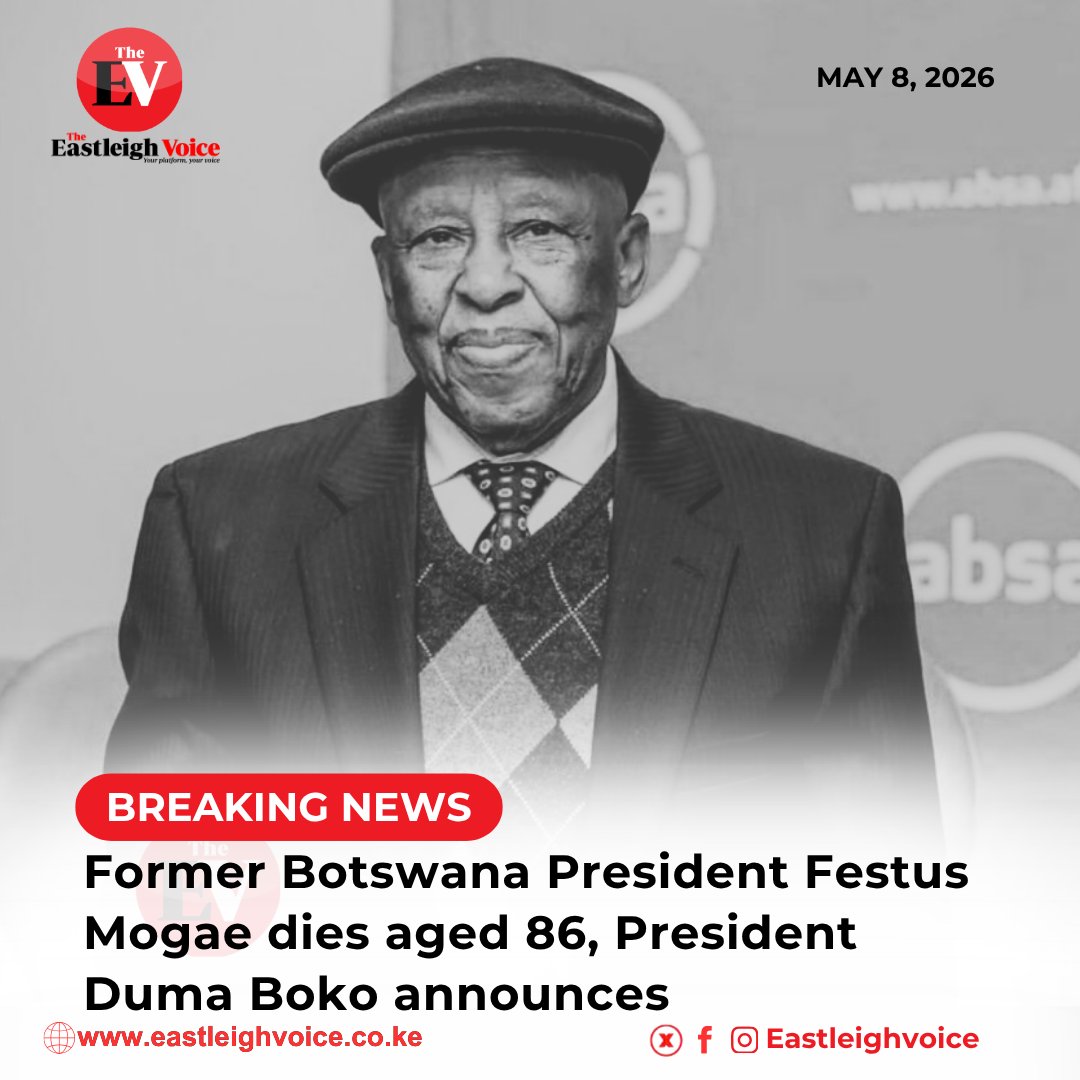 Eastleighvoice's tweet photo. BREAKING: Former Botswana President Festus Mogae has died at the age of 86, President Duma Boko has announced. 

Mogae, who led the country from 1998 to 2008, is remembered for strengthening economic governance during a period of diamond-led growth and for spearheading Botswana’s response to the HIV/AIDS epidemic through expanded treatment and prevention programmes.