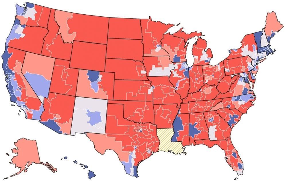 If both parties MAXXED OUT on gerrymandering, the House could potentially end up with 262 Republicans to  173 Democrats.

That's because Republicans control more state governments with multiple districts, and Democrat voters congregate in cities.  This makes it easy-peazy to pack