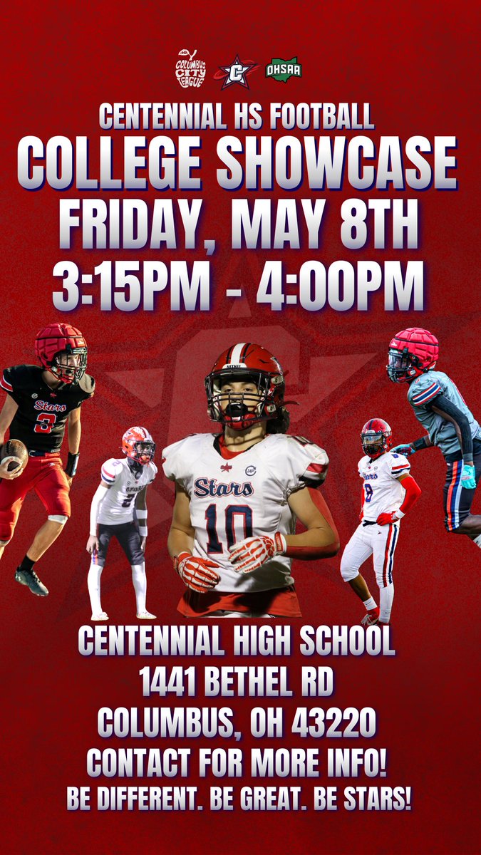 CoachTyrisDiehl's tweet photo. SHOWCASE DAY ⭐️🏈
College Coaches, we’re ready for you! Come evaluate our players, grab a snack, and find your next STAR!
🕒 3:15 PM - 4:00 PM
📍 Centennial High School | Columbus, OH
Be Different. Be Great. Be Stars! #StarsFootball #CollegeShowcase #RecruitTheStars https://t.co/mR0LWivwdb