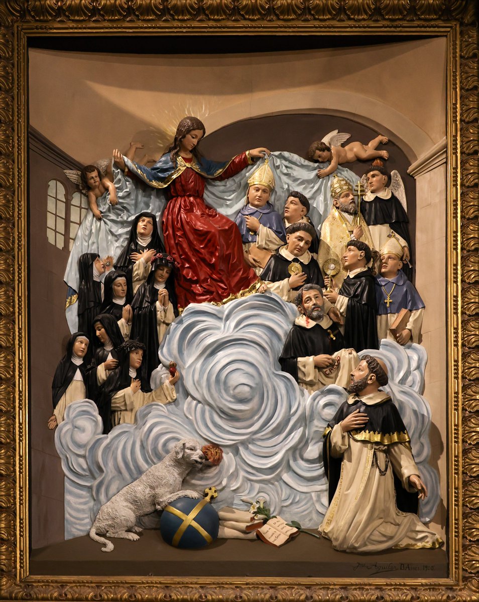 LawrenceOP's tweet photo. Today, 8th of May, the @Dominican_Order rejoices in the Patronage of the Blessed Virgin Mary over the Order of Preachers as recounted in this story:
"Blessed Dominic returned to pray in the place he had stood before. Suddenly he was caught up in spirit before God and saw the Lord and the Blessed Virgin sitting at his right. It seemed to Blessed Dominic that Our Lady was wearing a cloak the colour of sapphire.
As Blessed Dominic looked around, he could see religious of all the orders but his own before the throne of God. He began to weep bitterly and stood apart, not daring to approach the Lord and his Mother. Then Our Lady motioned for him to come near; but he would not dare until the Lord himself also called him. Blessed Dominic cast himself down before them, weeping bitterly. The Lord told him to rise, and when he did, asked him, ‘Why are you weeping so?’ ‘I am weeping because I see all the other orders here but no sign of my own.’ The Lord said to him, ‘Do you want to see your Order?’ And he answered, ‘Yes, Lord.’ Then the Blessed Virgin opened the cloak she was wearing and spread it out before Blessed Dominic, to whom it seemed vast enough to cover the entire heaven, and under it he saw a large multitude of the brethren.
Prostrating himself, Blessed Dominic gave thanks to God and to Blessed Mary his Mother.
https://t.co/l15s84rSCq
📷This altarpiece is in the Basilica of Our Lady of the Rosary and St Dominic in Buenos Aires, Argentina.