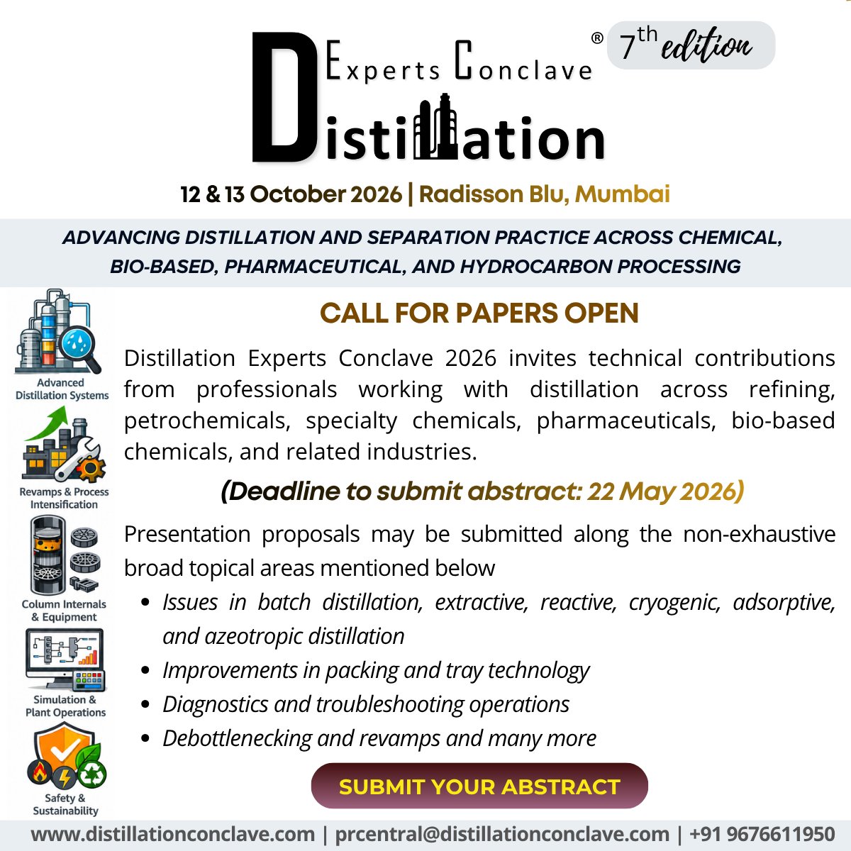 DistillationExp's tweet photo. Present your expertise at the Distillation Experts Conclave 2026! 

Share practical innovations, troubleshooting insights &amp; case studies in distillation and separation technologies.

📅 12–13 Oct 2026 | Mumbai
🗓 Abstract Deadline: 22 May 2026

Visit: https://t.co/owRT46Agei https://t.co/u02Ctcm9Hw