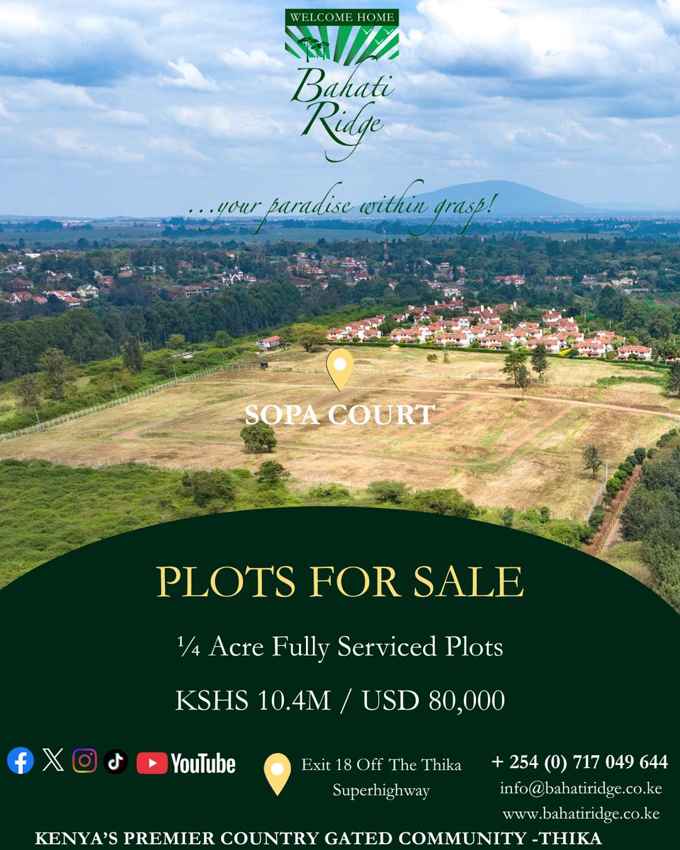 BahatiRidge's tweet photo. This Mother's Day, secure a plot at Bahati Ridge!
A tranquil &amp; serene setting to build your future with confidence.
#plotforsale #GatedCommunity #sopacourt #yourparadisewithingrasp https://t.co/mxlbALO37O
