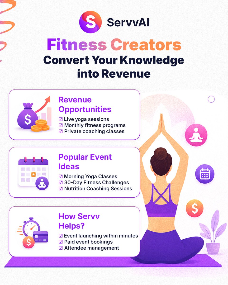 servv_ai's tweet photo. Fitness creators, turn your knowledge into paid events with ServvAI. 

Launch yoga sessions, fitness programs, coaching classes, and challenges using smart event booking software and easy event management tools.

#FitnessCreators #EventManagementSoftware https://t.co/3cFkm5umVz