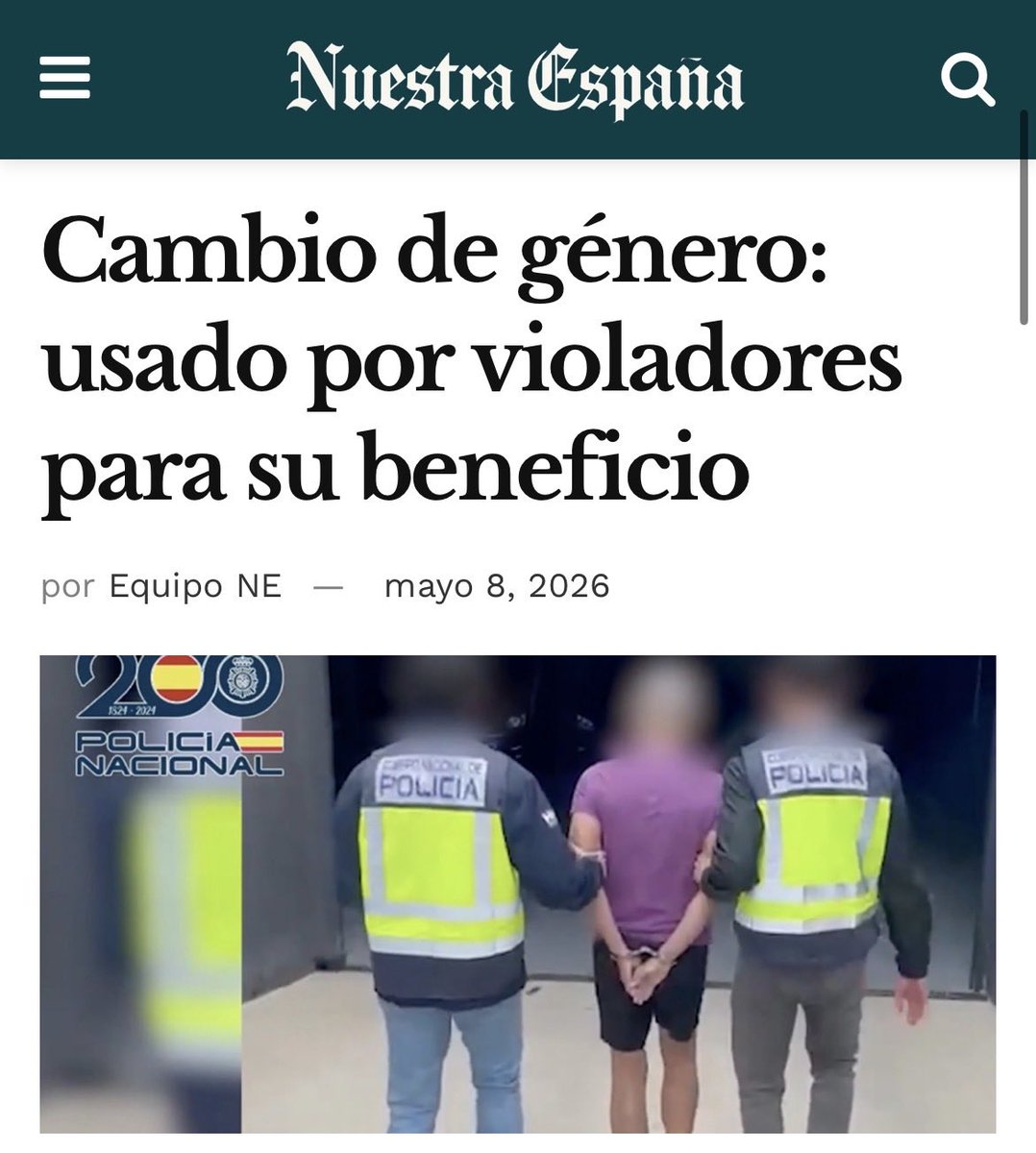 esnuestraespana's tweet photo. 🟥Leyes laxas, delincuentes beneficiados
Cambio de género: usado por violadores para su beneficio
👉https://t.co/KaTq7SzZc5
¡Síguenos para más noticias!
#NuestraEspaña #Noticias #Opinión #CambioDeGenero #LeyTrans #Agresores #Mujeres #IdeologiaDeGenero #Justicia #Cuenca #Sucesos https://t.co/C9XPdXDfrJ