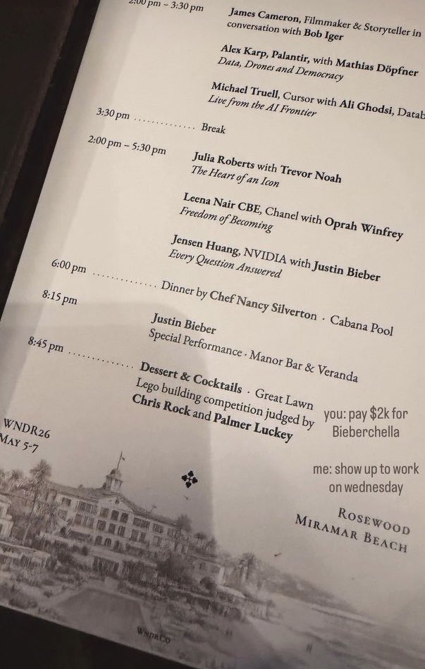 swagworldtour's tweet photo. Justin Bieber made an appearance at WNDR26 the exclusive gathering that brings together some of the biggest names in tech, business, and investing.

He not only performed during the event, but also joined NVIDIA CEO Jensen Huang for an on-stage conversation at the Rosewood Miramar Beach in Montecito.

Really nice to see Justin continuing to get out there and perform in front of audiences again.