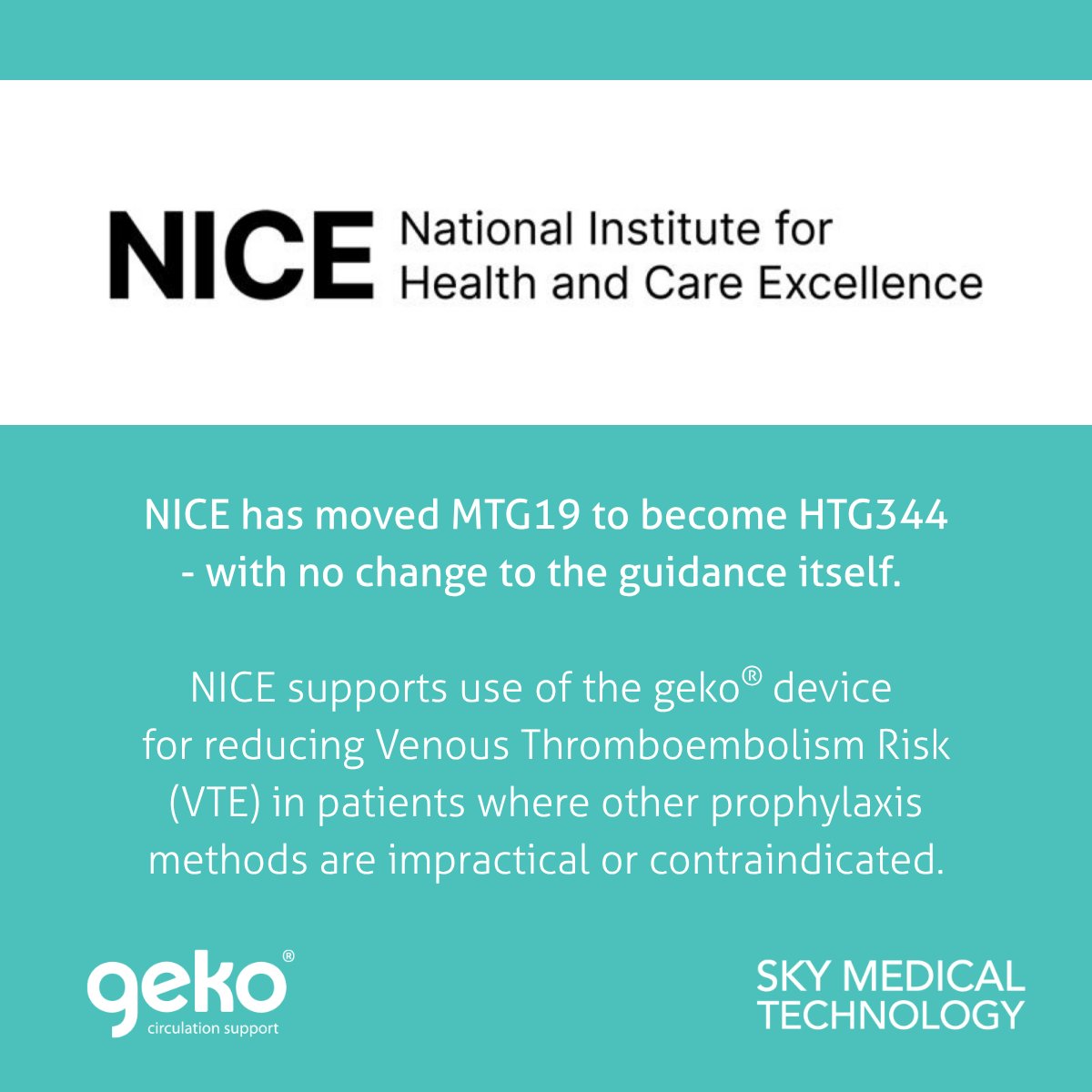 SkyMedTech's tweet photo. MTG19 → HTG344 marks NICE’s streamlined HealthTech programme, uniting diagnostics, procedures &amp; medtech to improve access to guidance. Explore the impact of the geko® device on post-stroke VTE prevention: https://t.co/utnVn94Wsl

#NICE #HealthTech https://t.co/0H0hLenQQn