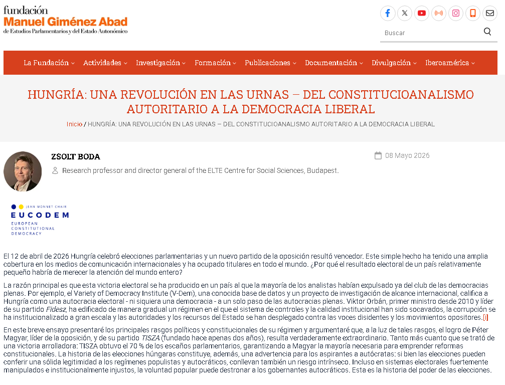 GEDECOUB's tweet photo. El Dr. Zsolt Boda, profesor y director general del ELTE Centre for Social Sciences, ha publicado "Hungría: una revolución en las urnas – del constitucionalismo autoritario a la democracia liberal" en el Foro Europa-EUCODEM de @Fundacion_MGA.

Enlace: https://t.co/QntAJNFV94 https://t.co/y9ZoM3fyjU