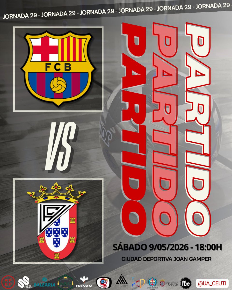 ua_ceuti's tweet photo. 𝗝𝗢𝗥𝗡𝗔𝗗𝗔 𝟮𝟵  

Este sábado nos desplazamos para enfrentarnos contra el Barça Atlètic

➜Sábado 9/05/2026.
➜18:00h.

¡Vamos a por ello equipo! 🔥  

🖤🤍

#SegundaDivisiónFS #FutsalRFEF #UaCeuti #Ceuta #LigaFutsalProfesional #FutbolSala #Futsal https://t.co/Ymll49c2Pi