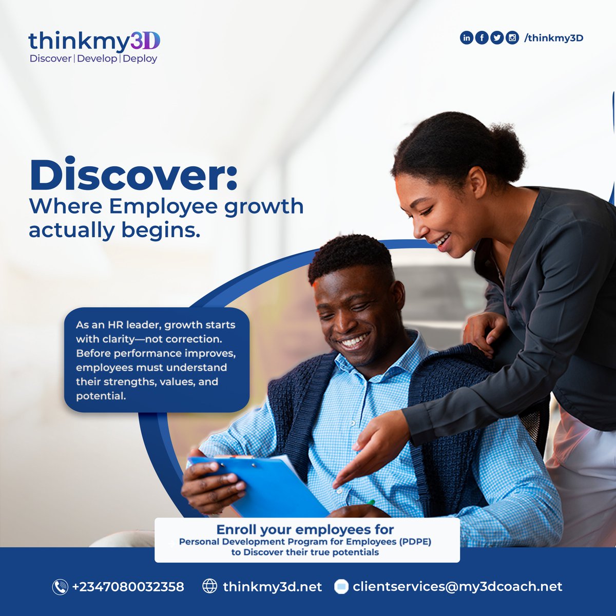 thinkmy3D's tweet photo. Most organizations try to fix performance…
 before asking the question that makes performance possible:
“Do your employees truly understand themselves?”

We train.
 We set targets.
 We measure output.
But real growth doesn’t start there.
 It starts with clarity. https://t.co/SGK8osEAN7