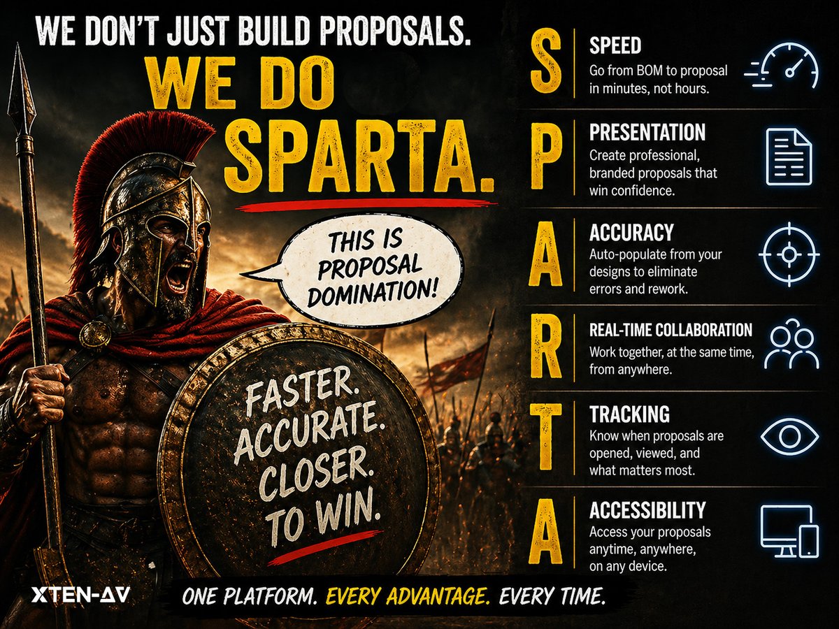 xten_av's tweet photo. WE DON’T JUST BUILD PROPOSALS.
WE DO SPARTA. ⚔️

SPARTA may not be a feature…
but faster, sharper proposals that help you win definitely are. 😎

From BOM to proposal in minutes.
#XTENAV #SPARTA #AVIndustry https://t.co/0ZwVvVssUQ