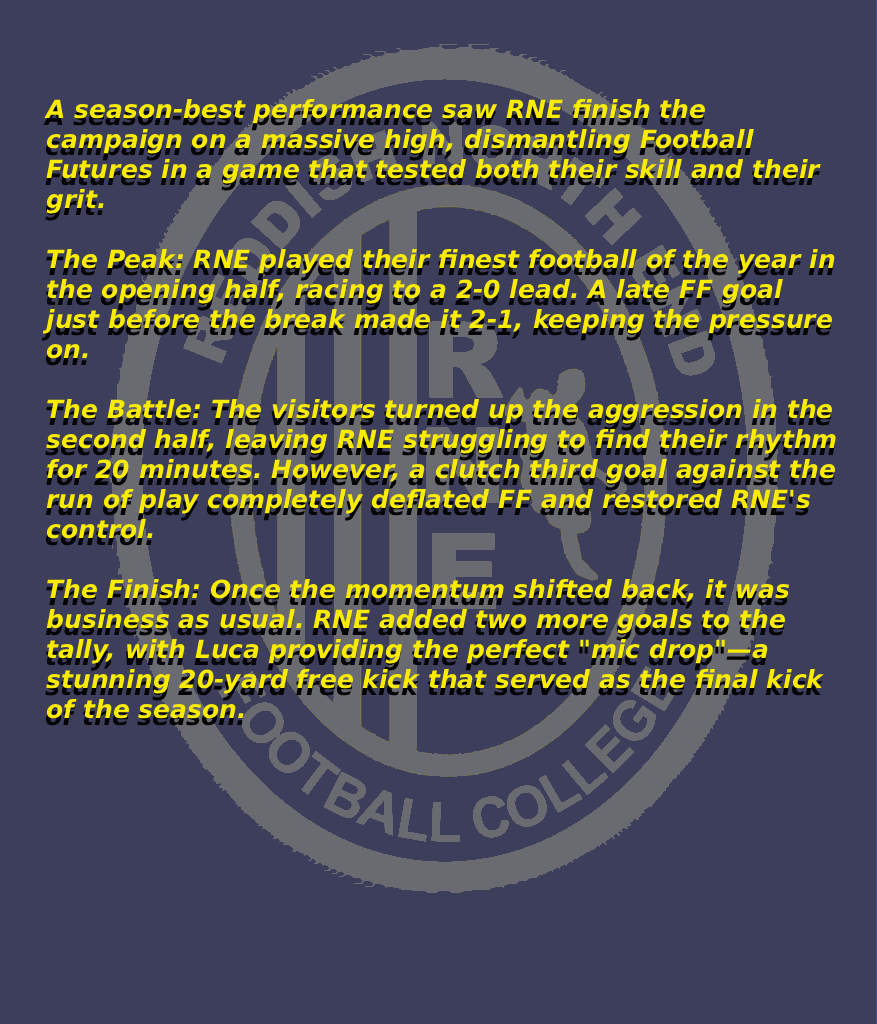 RNEFC_College's tweet photo. Player of the Match: 
🏆 Arthur - Another great performance in the midfield dicate the play with some combination play and pulling the game on strings with his passing and got a goal to cap off his performance   

#centralymca #RNEFootballCollege #PlayerDevelopment #playerpathway https://t.co/SBxR0AJJVh