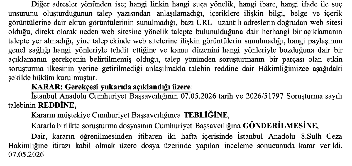 gidadedektifi's tweet photo. Oyunları bozuldu, talepleri reddedildi!
Gıda Dedektifi yayınlarının kapatılmasını talep ettikleri iftira ve ithamların dayanaksız olduğuna hükmetti ve savcılığın talebini reddetti! Ortaya karışık yaptıkları suçlamalar ve dayanaksız iftiralar Türkiye Cumhuriyeti mahkemelerinden dönmüş oldu!
Bu karara imza atarak adaletle hükmeden ve iftiralara pabuç bırakmayan yargı mensuplarımıza teşekkür ederiz.
@adalet_bakanlik
@tcbestepe