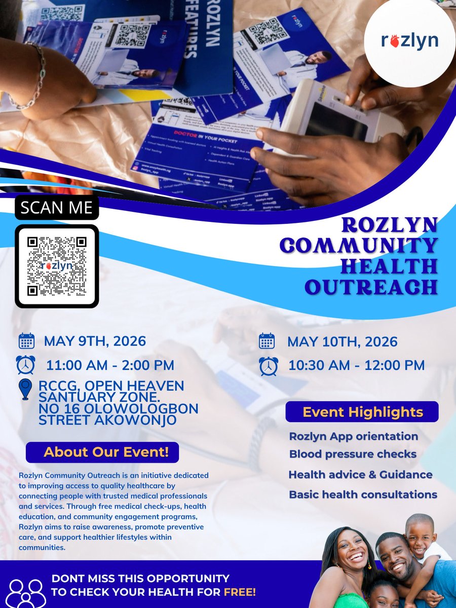 rozlyn_app's tweet photo. Have you heard?

Rozlyn is coming to Lagos!!

Have you been procrastinating on getting your health checked? 

you don’t want to miss this

There will be;
Free health check up 
Free health consultation 
Free rozlyn orientation 
Free sign ups 

Send this to someone today. https://t.co/amOVndn2LT