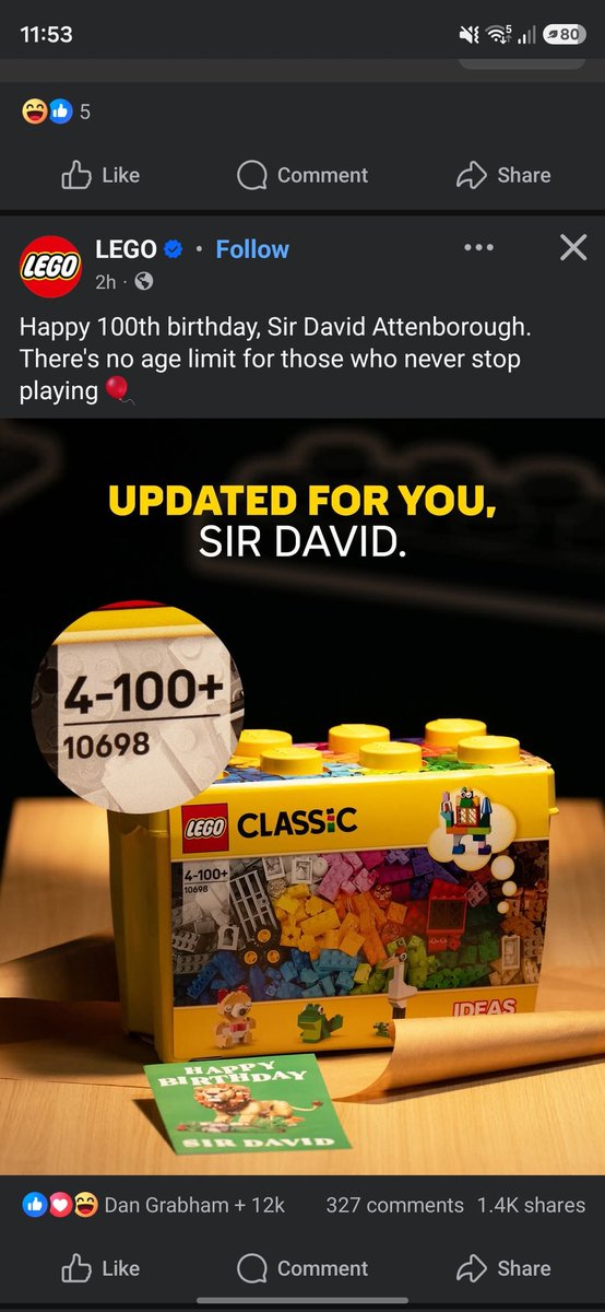 mchax's tweet photo. My son said to me this morning, now David Attenborough is 100 he won't be able to play LEGO anymore. Well, now he can... (well played, @LEGO_Group). https://t.co/5CRzOcFHdK
