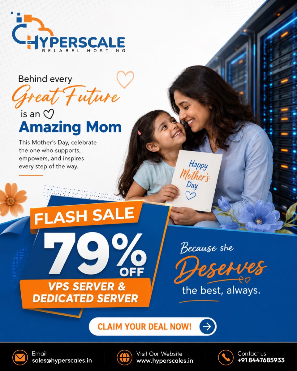 ScaleHyper14707's tweet photo. 💙 This Mother’s Day, celebrate the one who inspires every great future. 💙

To make this occasion even more special, Hyperscale Relabel Hosting brings you a FLASH SALE with up to 79% OFF on VPS Servers &amp; Dedicated Servers! 🚀

🌐 https://t.co/i1zPUnXXYE

#MothersDay #Hyperscale https://t.co/sSwUOEFyjV