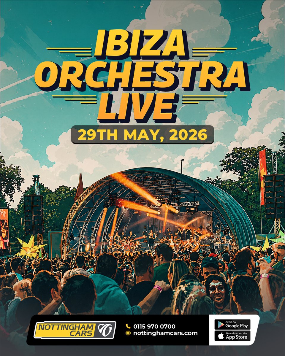 NottinghamCars's tweet photo. Ibiza Orchestra is coming to town this 29th May, get ready for an unforgettable night of live music.

Skip the parking hassle and travel with Nottingham Cars for a smooth, on-time arrival.

Book your transport now!

📲 Download our app:
https://t.co/8mcLU0IHE3 https://t.co/jsGMgRCXC0