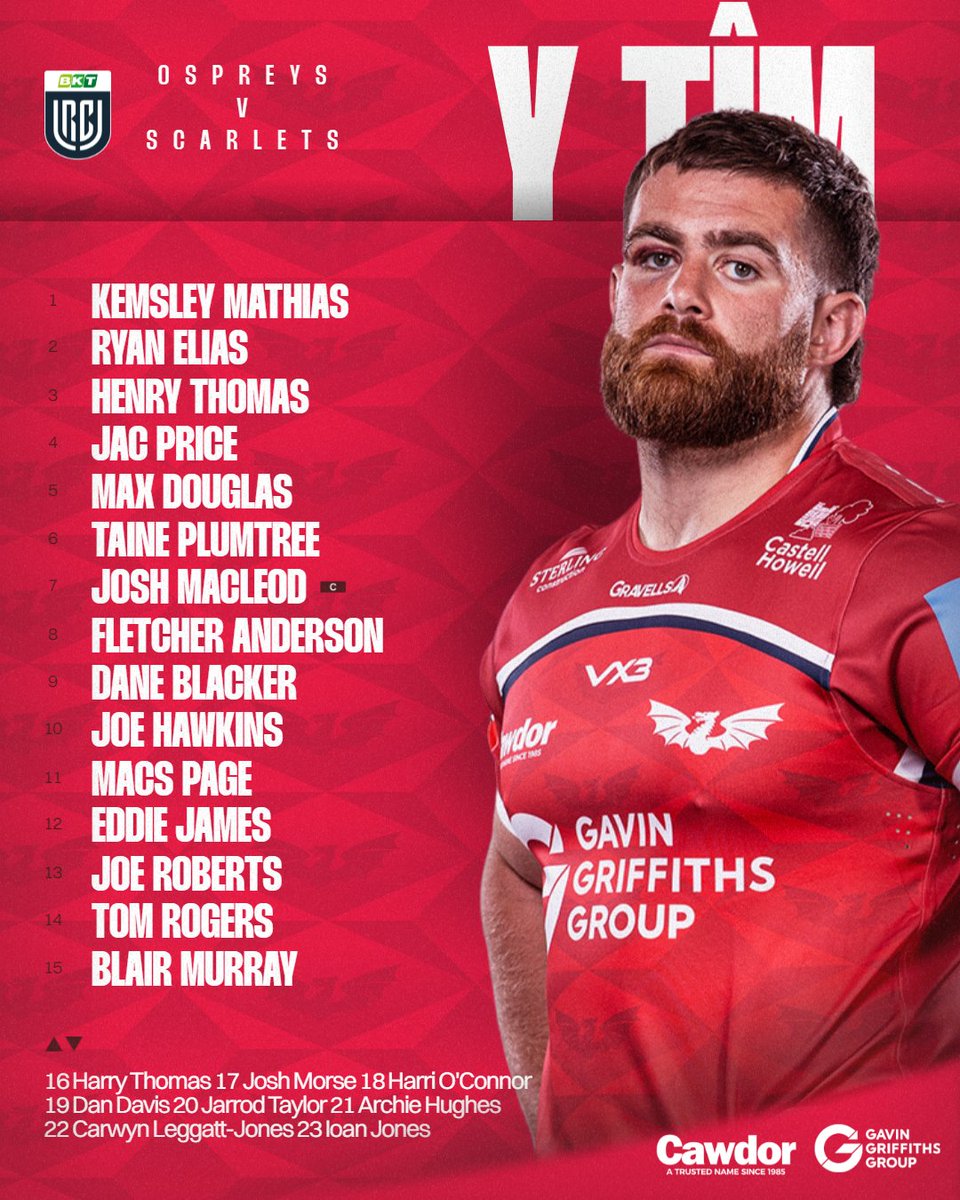 scarlets_rugby's tweet photo. Round 17 @URCOfficial ⚔️

The Scarlets team to face @ospreys on Saturday at Electric Brewery Field (KO 17:30)

Ein tîm i wynebu'r Gweilch ar ddydd Sadwrn ym Mhenybont 🏉

#YmaOHyd #BKTURC https://t.co/AgIDctXfFb