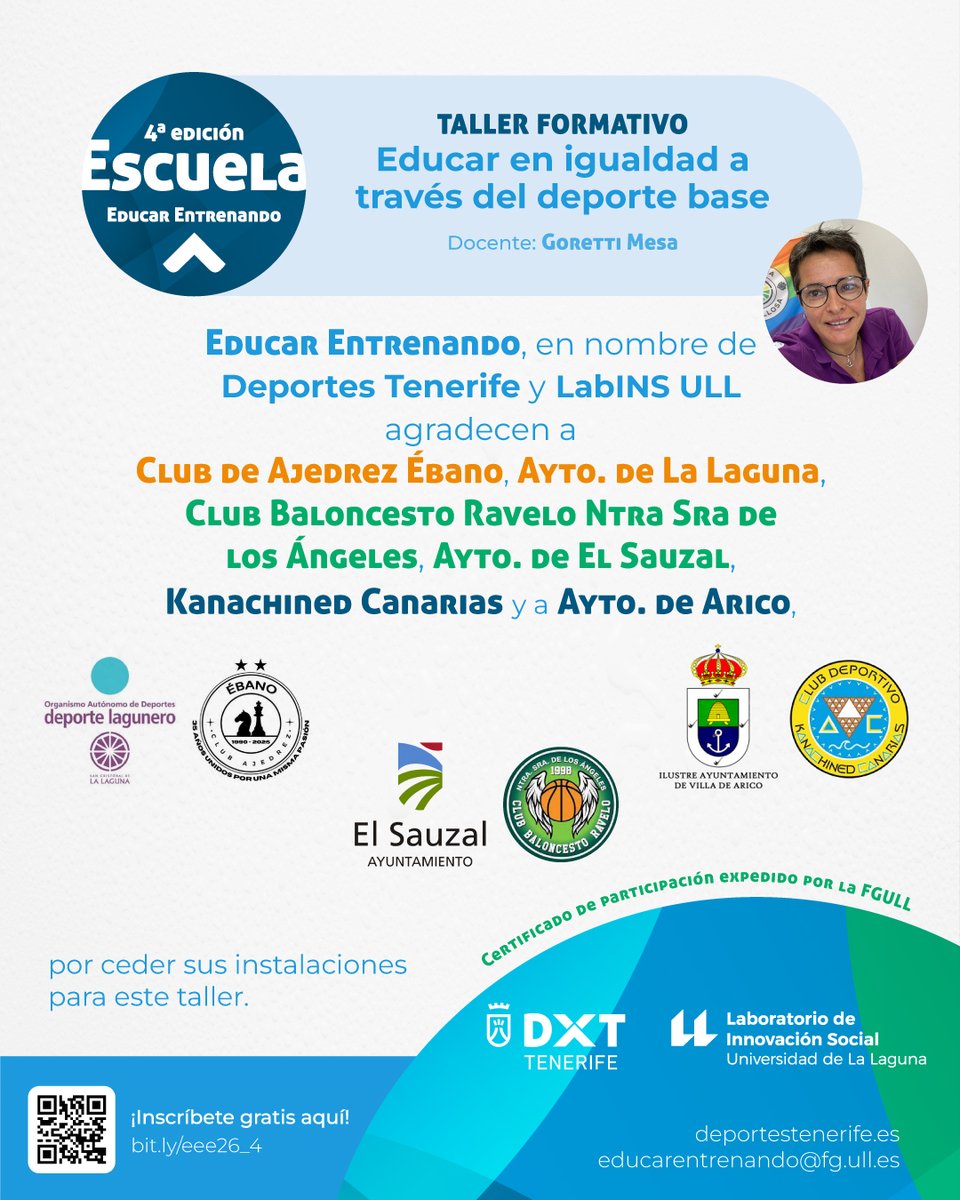 DXTenerife's tweet photo. 2⃣ Taller presencial: ‘Educar en Igualdad a través del deporte base’
📍 Elige zona: Metropolitana, Norte o Sur
📝 Inscripción gratuita:  https://t.co/xi6jm4dQ8J 

🎯 Directivas, equipos técnicos, deportistas y familiares

#EducarEntrenando #ActivaTuVida #PersonasActivas https://t.co/ph2XotuaF2