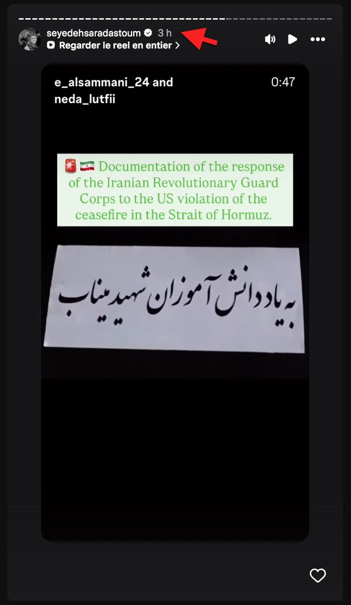denisedetralala's tweet photo. Objet : Signalement d’une fonctionnaire de Sciensano, #Sara_Dastum, relayant de la propagande du #CGRI avec le fond sonore du groupe terroriste pro-iranien #HAYI 👆👇
Monsieur le Ministre @BernardQuintin_,
Ce matin, #Sara_Dastoum, employée par l’institut public Sciensano (SPF Santé publique), a relayé sur son compte Instagram une vidéo de propagande du Corps des Gardiens de la Révolution iranienne (#CGRI).
Cette vidéo :
- Glorifie les opérations militaires du CGRI dans le détroit d’Ormuz ;
- Met en scène des missiles portant des inscriptions appelant explicitement à la « vengeance» pour des « martyrs » ;
- Utilise un fond sonore identique à celui employé par le groupe islamiste #HAYI (Harakat Ashab al-Yamin al-Islamia), qui a revendiqué de multiples attaques antisémites et anti-américaines en Europe (incendies de synagogues, explosions, tentatives d’attentats) depuis mars 2026.
En tant que fonctionnaire publique belge, le fait de relayer activement de la propagande d’un groupe terroriste désigné (CGRI) et d’utiliser des codes audio partagés avec un groupe terroriste actif en Europe pose un problème majeur de neutralité, de loyauté et de sécurité.