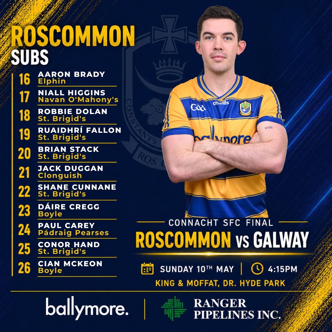 RoscommonGAA's tweet photo. CONNACHT FINAL – TEAM ANNOUNCEMENT 

Mark Dowd has named his Roscommon team for Sunday’s Connacht SFC Final vs @Galway_GAA 🟡🔵

Get behind the lads and pack The Hyde!

📅 Sun May 10  
⏰ 4:15PM  
📍 King &amp; Moffatt Dr. Hyde Park  

🎟️ https://t.co/iLr2o7kQhD  
📺 RTÉ2  

#RosGAA https://t.co/bzfnTViJv9