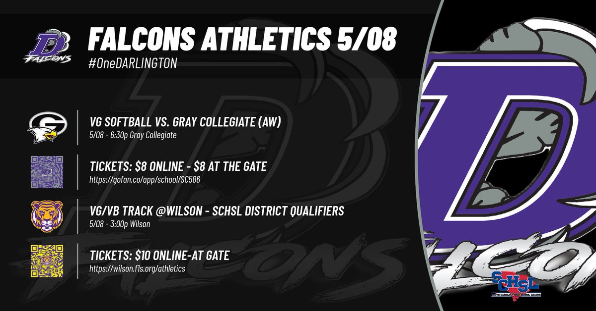 dhsfalcons's tweet photo. VG Softball @Gray Collegiate-SCHSL Dist Playoffs
6:30-Gray Collegiate
Tickets:$8 Online-Gate
https://t.co/ArFxuwUOnZ
VG/VB Track @Wilson-SCHSL District Qualifier
3:00-Wilson
Tickets:$10 Online-Gate
https://t.co/wvyA53CtWP https://t.co/kDpchetose