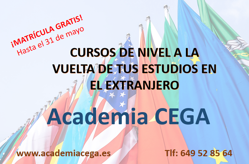 AcademiaCEGA's tweet photo. Curso de nivel a la vuelta de tus estudios en el extranjero
¡MATRÍCULA GRATIS!,
si contratas antes del 31 de mayo
Academia #CEGAenTriana Sevilla.  
☎️954 99 04 35 / 649 52 85 64  
📩info@academiacega.es
💻 https://t.co/FpHfuT4Vgq https://t.co/4YPvGqYJ0k