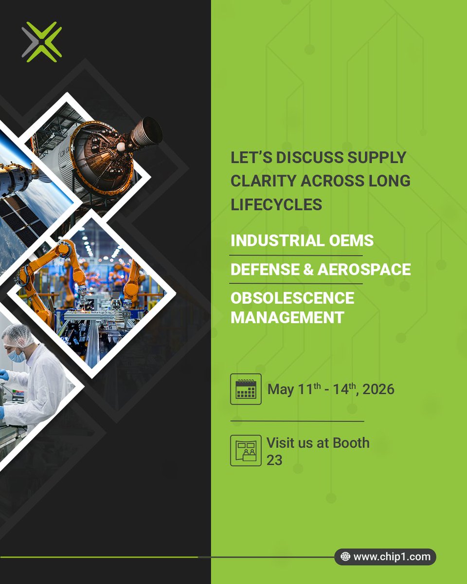 chip1exchange's tweet photo. Join Chip 1 at IIOM 2026 as we connect with professionals across obsolescence management, aerospace, defense, and industrial OEMs.

📍 New Orleans, Louisiana
📅 May 11–14, 2026
📌 Booth 23

Let’s discuss customized solutions built for long lifecycle industries.

#Chip1 #IIOM https://t.co/6ke0UeLhyH