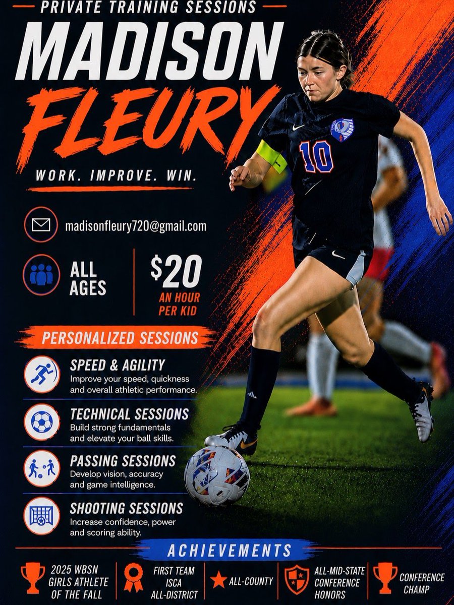 MadisonFleury07's tweet photo. I am offering training sessions before I leave for college in the fall. DM madisonfleury_soccer or email me to schedule.
@WhitelandGSocc @whitelandsports @WhitelandBeat https://t.co/Pe1ynpurfv
