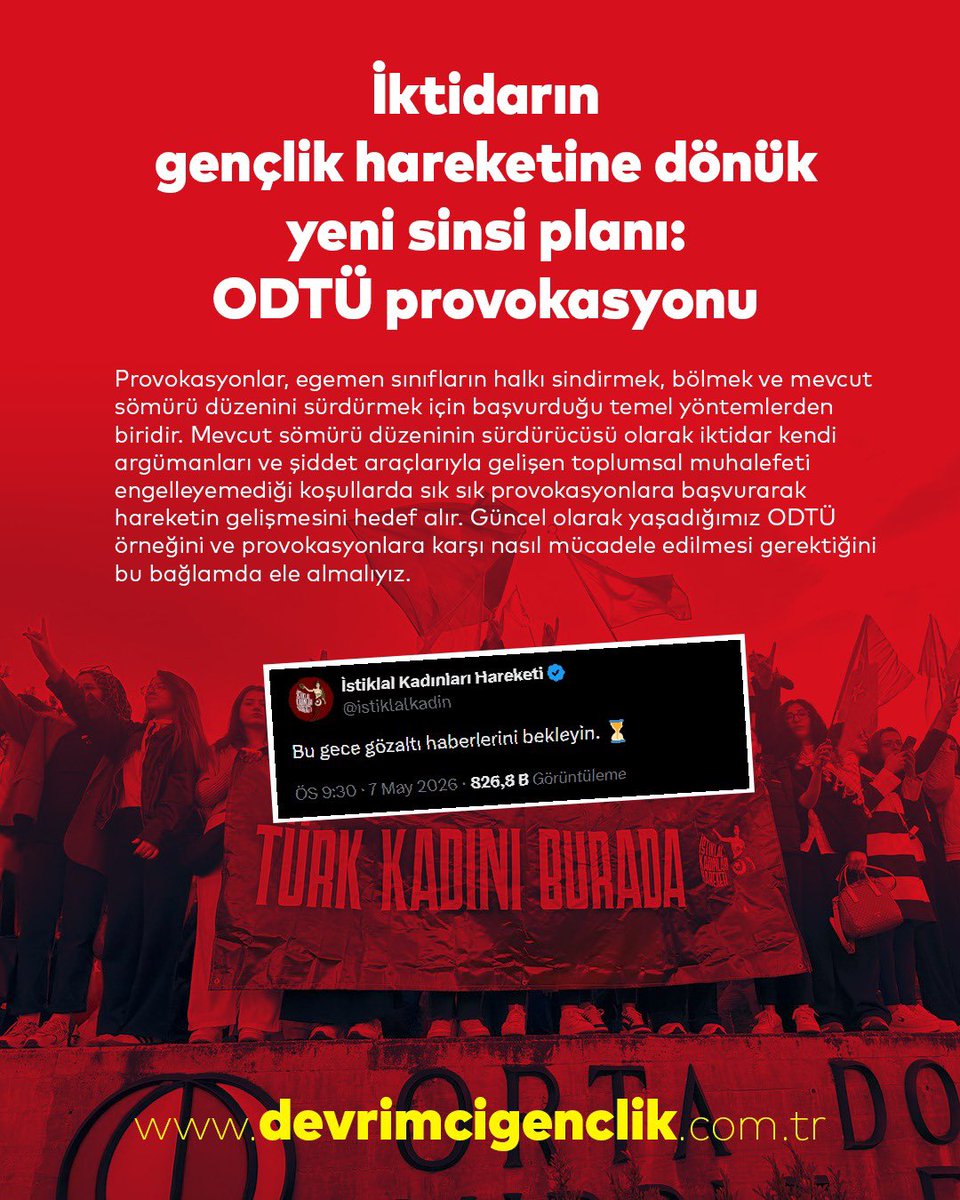 devrimcigenclk's tweet photo. AÇIKLAMA | İktidarın gençlik hareketine dönük yeni sinsi planı: ODTÜ provokasyonu  

♦️ Provokasyonlar, egemen sınıfların halkı sindirmek, bölmek ve mevcut sömürü düzenini sürdürmek için başvurduğu temel yöntemlerden biridir. Mevcut sömürü düzeninin sürdürücüsü olarak iktidar kendi argümanları ve şiddet araçlarıyla gelişen toplumsal muhalefeti engelleyemediği koşullarda sık sık provokasyonlara başvurarak hareketin gelişmesini hedef alır. Güncel olarak yaşadığımız ODTÜ örneğini ve provokasyonlara karşı nasıl mücadele edilmesi gerektiğini bu bağlamda ele almalıyız.

♦️Bir süredir maden, enerji ve inşaat şirketlerinin yağmasına karşı mücadele eden halk hareketlerinden işçi direnişlerine, 8 Mart’lardan 1 Mayıs’a kadar her hareket ve eyleme gelerek kendilerine iktidar muhalifi bir görüntü veren, direniş ve halk hareketlerini sahipleniyor gibi yaparak aslında içeriksizleştirmeye çalışan ve alanlarda provokasyon peşinde koşan gruplar türedi. Kendilerini bazen bir kadın hareketi, bazen bir gençlik topluluğu gibi ifade ediyorlar. Bugüne kadar faşist hareketin direniş ve halk hareketlerine karşı açık saldırgan tutumlarından farklı olarak destekçi bir pozisyona sahip oldukları imajı üretmeye çalışıyorlar. Asıl amaçları halkın direniş eğilimlerinin devrimcilerle ve hatta muhalefetin en geniş kesimiyle ilişki kurmasını engellemek.

♦️Son olarak ODTÜ’de yaşanan durum bu toplam planın parçasıdır. Hedef olarak ODTÜ’nün seçilmesi simgeseldir. ODTÜ 60’lı yıllardan beri neredeyse kesintisiz bir biçimde iktidarlara ve düzene muhalif hareketlerin “kalesi”dir. Üniversitelerde üniversitelilerin söz, yetki ve karar hakkına sahip olmasının en özgün örneği olan ODTÜ-ÖTK gibi bir deneyimi ortaya çıkarmıştır. Demokratik Öğrenci Hareketi’nin özgürleştirici etkisiyle fikri tartışma ve pratik üretkenlik ortamına sahiptir. Devrim Yürüyüşü bu gerçekliğin içerisinden çıkmış ve gelenek haline gelmiştir. Şenlikler binlerce öğrencinin katıldığı etkinliklerdir. Tam da bu yüzden ODTÜ ve Devrim Stadyumunda gerçekleşen şenlikler hedef alınmıştır. İktidarın çok kısa bir zaman önce hedef gösterdiği, konserlerini yasakladığı İlkay Akkaya bu pek “muhalif” arkadaşlar tarafından yuhalanmaya kalkmış ve bir provokasyona zemin hazırlanmıştır. “Bayrağa saldırıyorlar” yaygarasının arkasındaki gerçek bu toplam manzaradır. İktidar baskı ve saldırılarla engelleyemediği toplumsal muhalefet hareketindeki gelişmeyi, hareketi “provokatörler” devreye sokarak içeriden bölmeye, hareketin içerisindeki devrimcileri marjinalleştirmeye çalışmaktadır.

♦️Devrimciler için temel yaklaşım tarzı tahrik olmadan, provokasyonları boşa düşürmek olmalıdır. Kitleler arasındaki sahte saflaşmalara değil gerçek düşmana işaret etmek, gerçek düşmanın üzerine örtü örten her unsuru teşhir etmek, mümkünse hareket edemez hale getirmek hedeflenmelidir. Bu noktada kitle kuyrukçuluğu da kitle gerçekliğinden kopuk hareket tarzı da yanlıştır.

♦️Bugün hangi değer ve simgenin arkasına saklanırlarsa saklansınlar bu oluşumların kitleleri bölmesine izin vermeyecek, muhalefeti manipülasyonlarla etkisizleştirmelerine müsaade etmeyecek tarz ancak ve ancak kimsenin kendisini kitle hareketinin yerine koymayan, kitlelerin özneleşebileceği bir tarzın daha güçlü bir şekilde hayata geçirilmesinde, provokatörlerin gerçekte kim olduklarının daha güçlü bir şekilde teşhir edilmesinde ve asıl düşmana yani halkı yoksullaştıran ve sefalete sürükleyen Saray iktidarına ve onu bu topraklarda temsilci haline getirmiş emperyalist merkezlere karşı mücadeleye odaklanmaktır.

https://t.co/WSPRIcJy4w