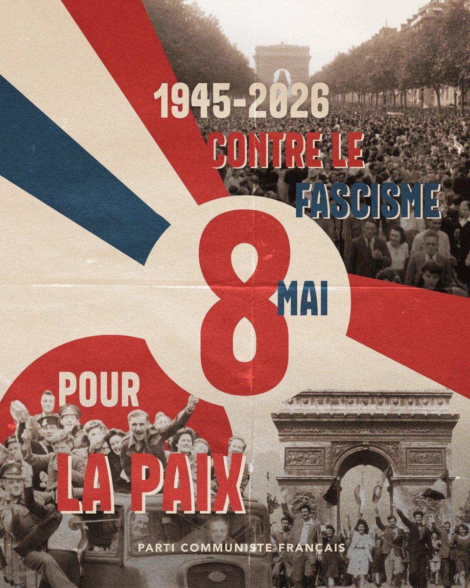 PCF's tweet photo. 🇫🇷 Le 8 mai 1945, au terme du conflit le plus sanglant que l'Humanité ait jamais connu, les alliés remportaient une victoire totale sur la barbarie nazie et le fascisme. L'Allemagne hitlérienne capitulait sans condition.

Cette victoire est l'oeuvre des peuples, combattants soviétiques tombés sur le front de l'Est, GI fauchés sur les plages normandes, forces françaises libres engagées en Afrique et en Libye. Elle est aussi celle de dizaines de milliers de résistantes et de résistants français, parmi eux de très nombreux communistes engagés pour la France, pour la liberté, le progrès social et la Paix.

🚩 Commémorer le 8 mai, ce n’est pas regarder un passé figé. C’est faire vivre l’héritage de la Résistance : défendre la paix, défendre un projet de société émancipateur, combattre les idées de haine et refuser la banalisation de l’extrême droite.

En ce 8 mai 2026, les communistes n'oublient pas les sacrifices consentis par les peuples et les leçons de l'Histoire et continuent de porter l'exigence de solidarité, de justice sociale et de fraternité entre les peuples, seul rempart véritable contre la haine barbare et l'impérialisme guerrier.