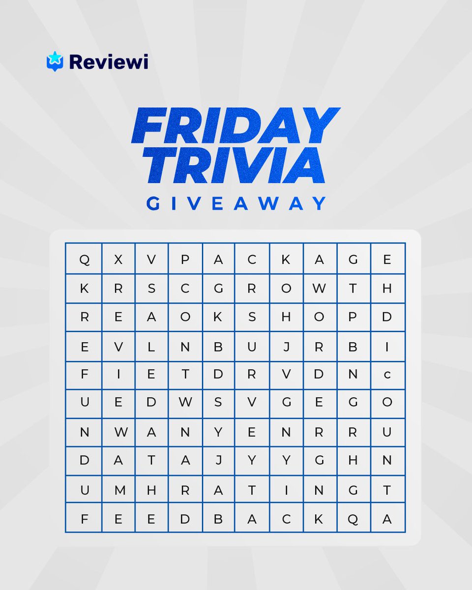 Reviewi_app's tweet photo. Word Hunt Friday 🔥
Find at least 5 business words hidden in the puzzle. First 3 correct answers win a cash prize

Terms to Win
- Follow our page and tag us
- Tag 3 friends on your comment to participate and follow our page.
- Trivia closes on Sunday 11 PM

#reviewi #tgif #trivia https://t.co/sGWbJXZ6Zt