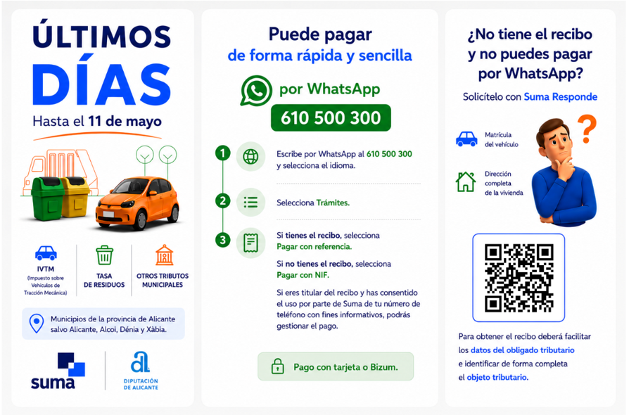 SumaAlicante's tweet photo. Últimos días para pagar IVTM, tasa de residuos y otros tributos municipales.
También puede realizar sus gestiones llamando al 965 292 000.
L-V 8-21 h · S 10-14 h

#SumaMásCercaDeTi https://t.co/4BwtFFM2nl