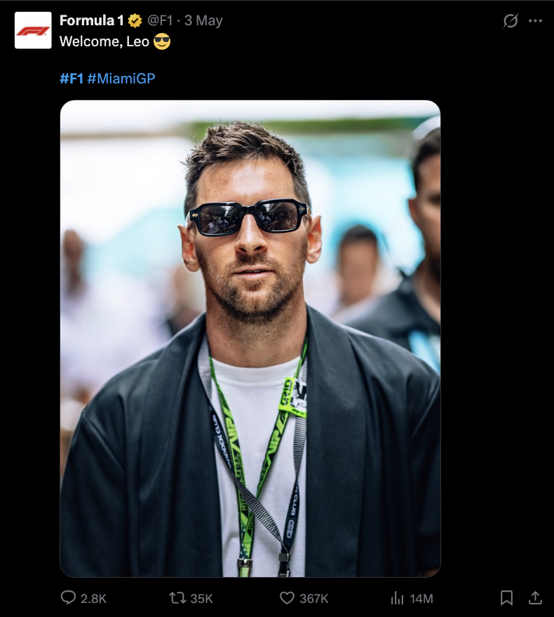 🚨 𝗕𝗥𝗘𝗔𝗞𝗜𝗡𝗚: F1's Lionel Messi tweet has become the MOST LIKED tweet in F1 history with 367k likes.

The F1 account exists since 2009 and the post has broken the record within 5 days.

• 14M views
• 35k retweets/quotes
• 367k likes