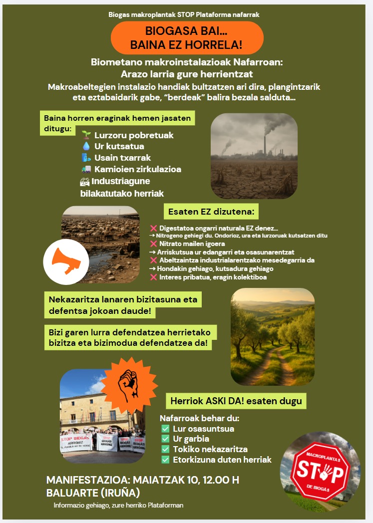 sustraierak's tweet photo. La grandes plantas de #biogás ya están contaminando suelos y aguas de Navarra.
Y quieren poner un #porrón mas...
Igande honetan #manifestazioa dugu Iruñean, 12:00etan Baluarte plazatik.
Te esperamos. No faltes. El domingo a las 12:00 desde el #Baluarte!! https://t.co/EImmXoRl2Y