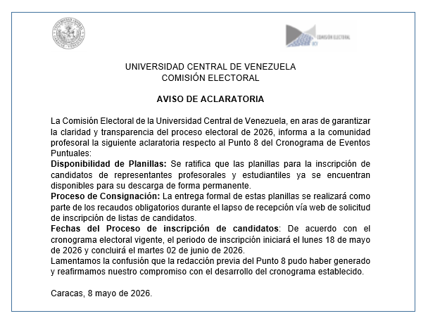 ComisionElecUcv's tweet photo. La Comisión de aclaratoria sobre el punto 8 del cronograma de eventos puntuales. #UCV #Elecciones2026 https://t.co/v7QEt9fyEQ