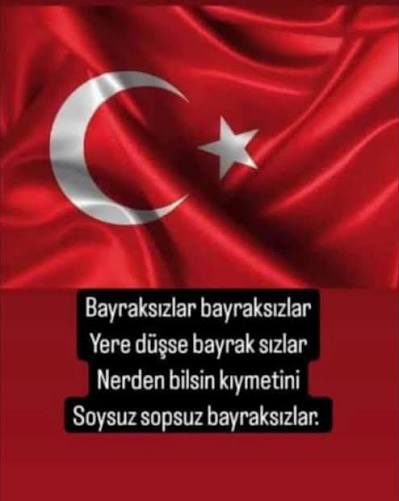 Bayraksızlar bayraksızlar  Yere düşse bayrak sızlar  Nerden bilsin kıymetini  Soysuz sopsuz bayraksızlar 

Bundan gayrı düşmanım  Bayrağa ters bakanlar  Artık hesap vermeli  Dağı taşı yakanlar 

Tüm nimetlerinden dibine kadar faydalandığı bu ülkeye, ufkunda dalgalanan